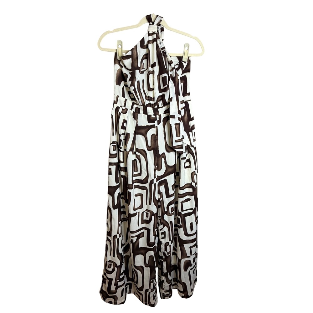 Fashion Nova Womens Brown White Geometric Halter Wide Leg Jumpsuit Large Pocket - Picture 2 of 5